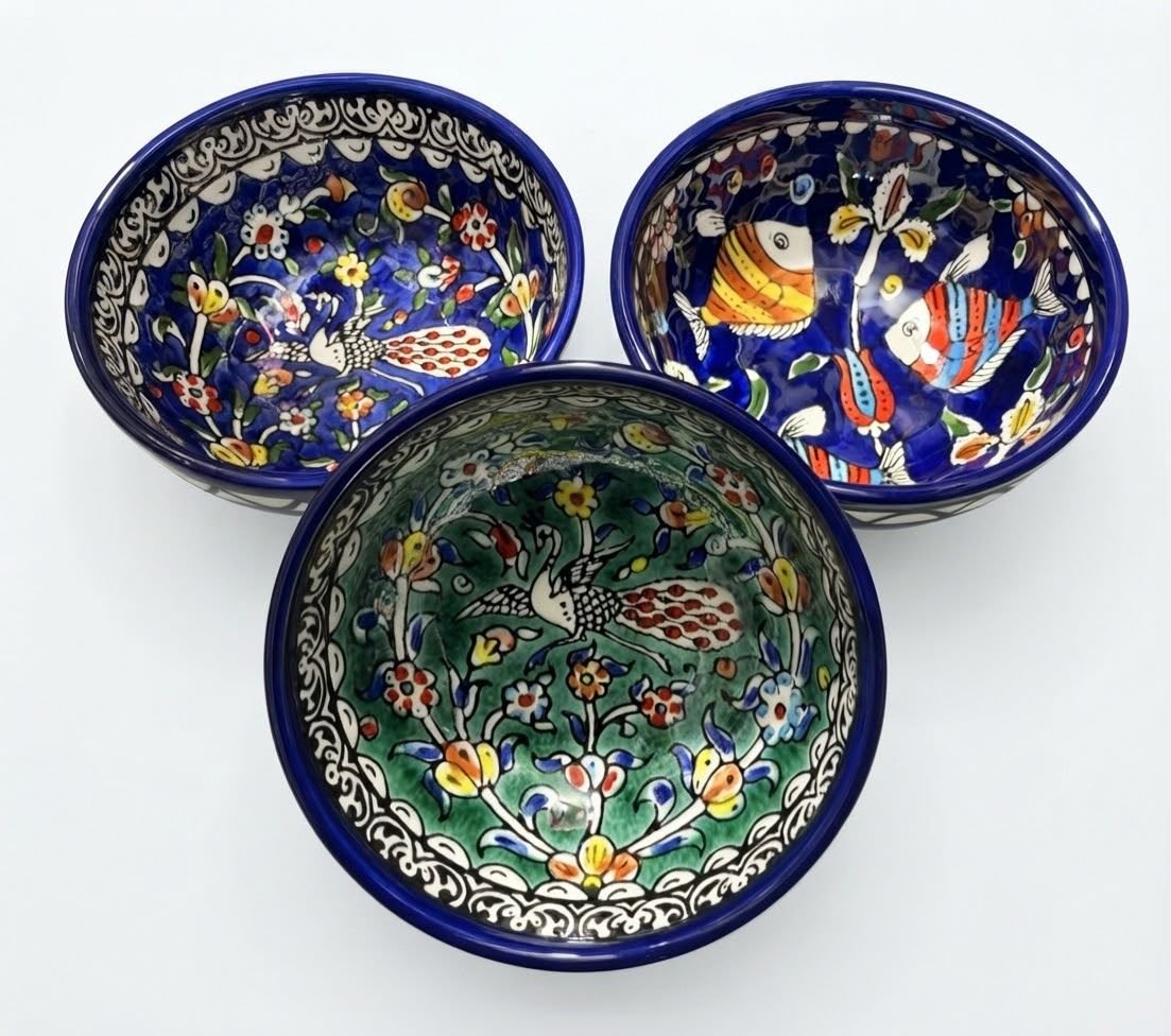 Fish and Peacock hand-painted ceramic bowls by Pama Crafts