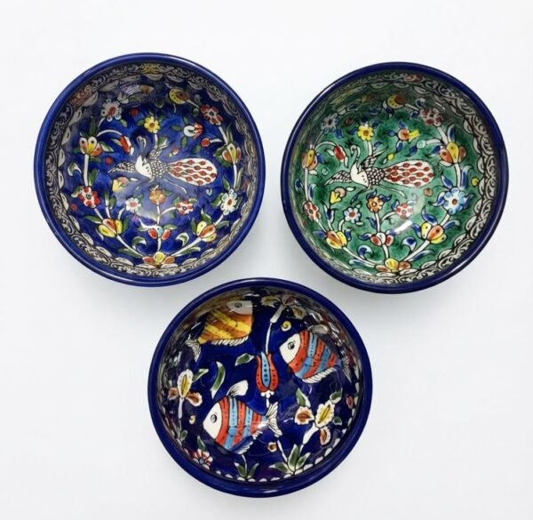 Fish and Peacock hand-painted ceramic bowls by Pama Crafts